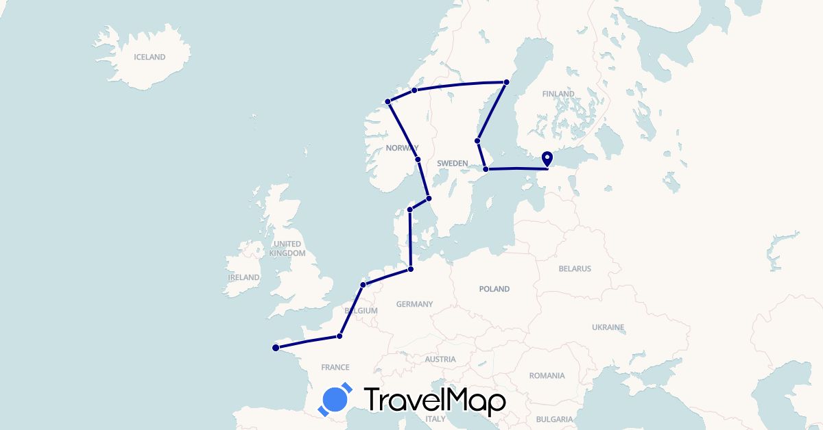 TravelMap itinerary: driving in Germany, Denmark, Estonia, France, Netherlands, Norway, Sweden (Europe)